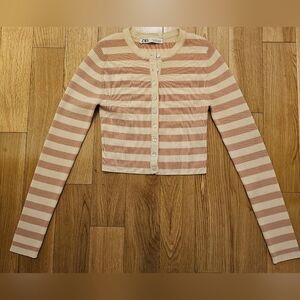 Zara Pinky Beige and Cream Striped Cardigan Ribbed Top Size Small or (XXS, XS)